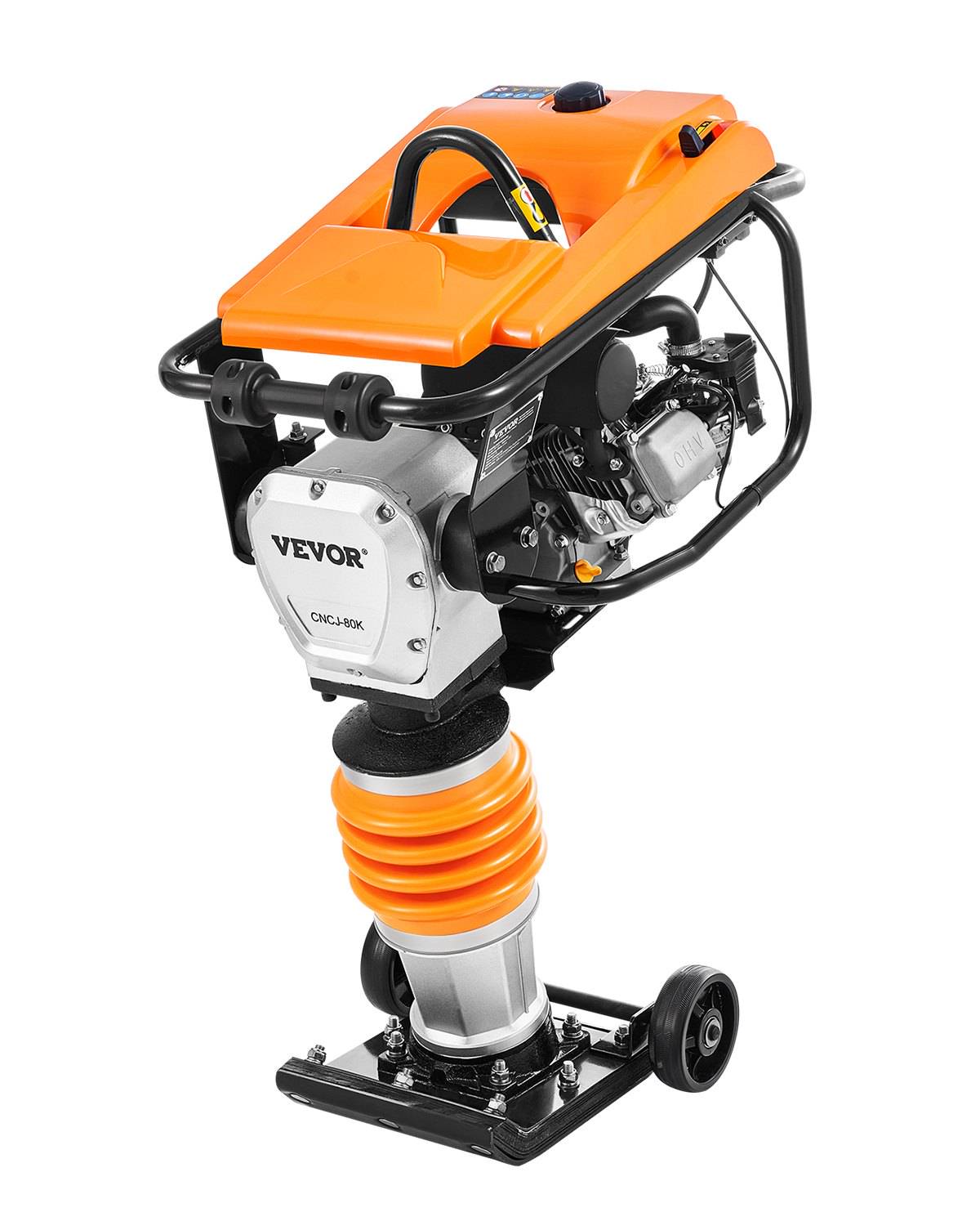 Jumping Jack Compactor, 6.5 HP Vibratory Rammer Fuel-Powered 196 cc Engine Tamper, 3600 lbs Impact Force, 26" Max Compaction Depth, Four-Spring, for Soil, Gravel, Concrete Slabs, Foundations