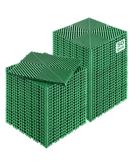 Interlocking Drainage Mat, 50 Pcs Modular Interlocking Cushion, 12” x 12” Splicing Drainage Mats, Non-Slip Green PP Drainage Floor Tile and Shower Mat, for Garage, Garden, Kitchen & Outdoor