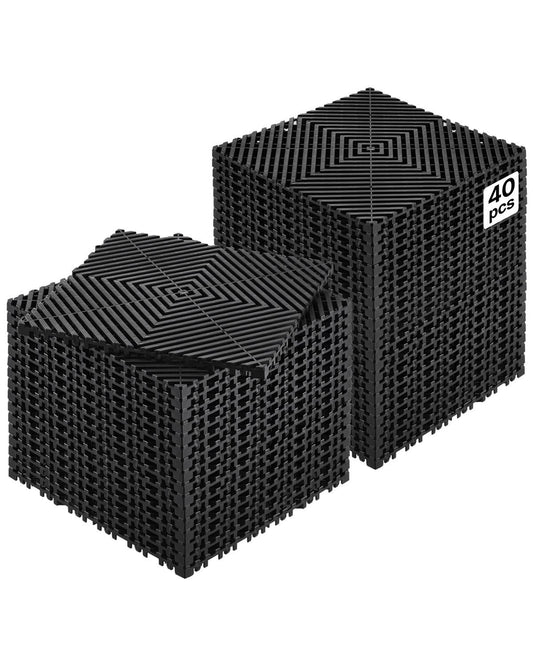 Interlocking Drainage Mat, 12” x 12” Modular Interlocking Cushion, 40 Pcs Splicing Drainage Mats, Non-Slip Black PP Drainage Floor Tile and Shower Mat, for Garage, Garden, Kitchen & Outdoor