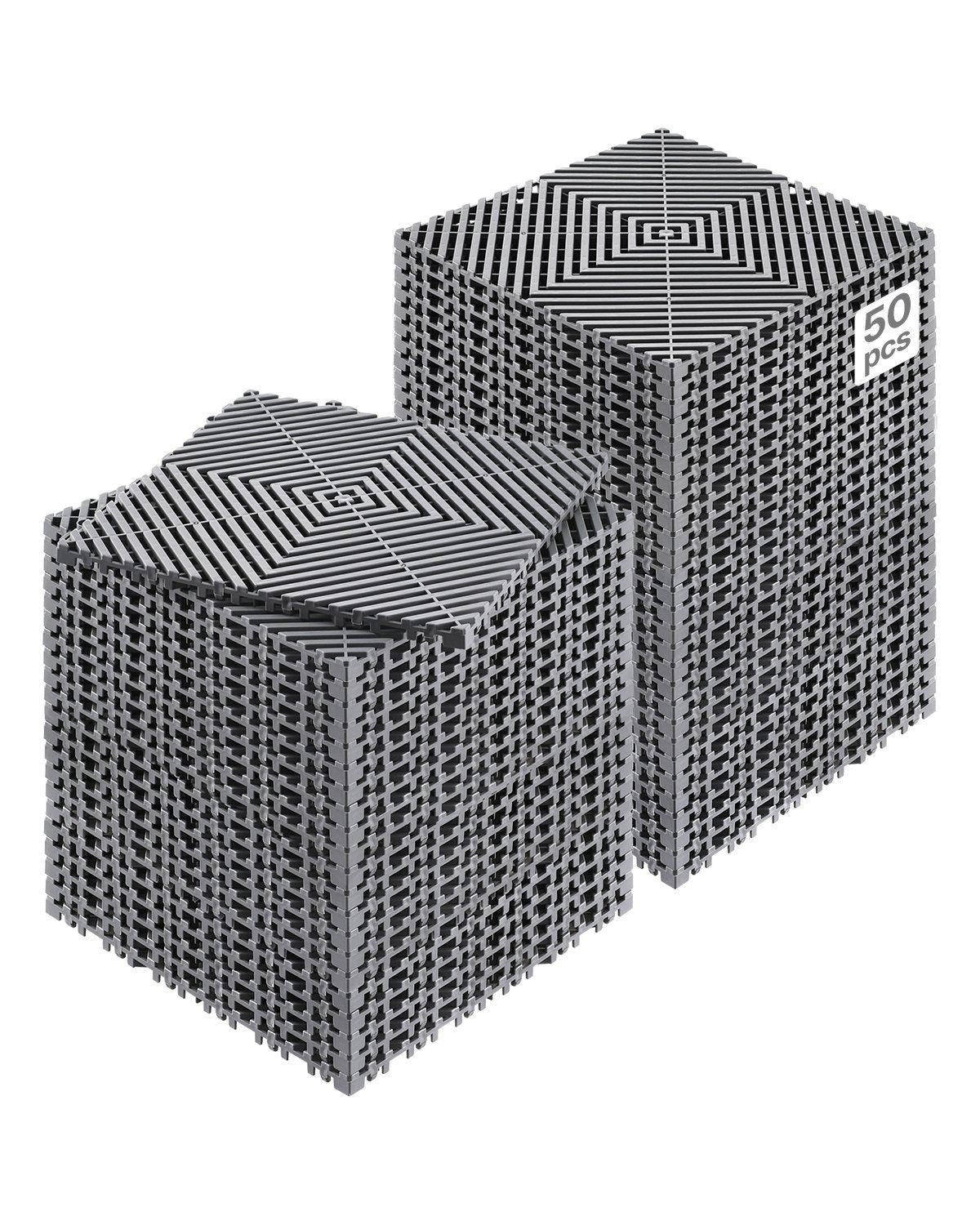 Interlocking Drainage Mat, 12” x 12” Modular Interlocking Cushion, 50 Pcs Splicing Drainage Mats, Non-Slip Gray PP Drainage Floor Tile and Shower Mat, for Garage, Garden, Kitchen & Outdoor