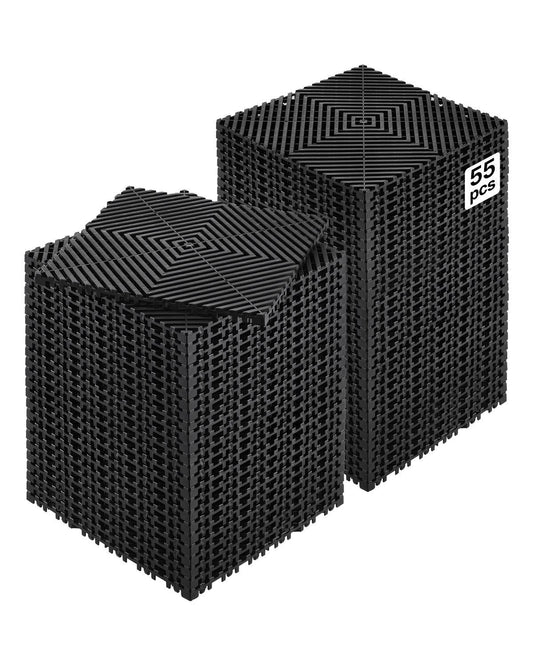 Interlocking Drainage Mat, 12” x 12” Modular Interlocking Cushion, 55 Pcs Splicing Drainage Mats, Non-Slip Black PP Drainage Floor Tile and Shower Mat, for Garage, Garden, Kitchen & Outdoor
