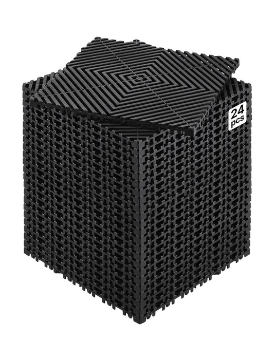Interlocking Drainage Mat, 12” x 12” Modular Interlocking Cushion, 24 Pcs Splicing Drainage Mats, Non-Slip Black PP Drainage Floor Tile and Shower Mat, for Garage, Garden, Kitchen & Outdoor
