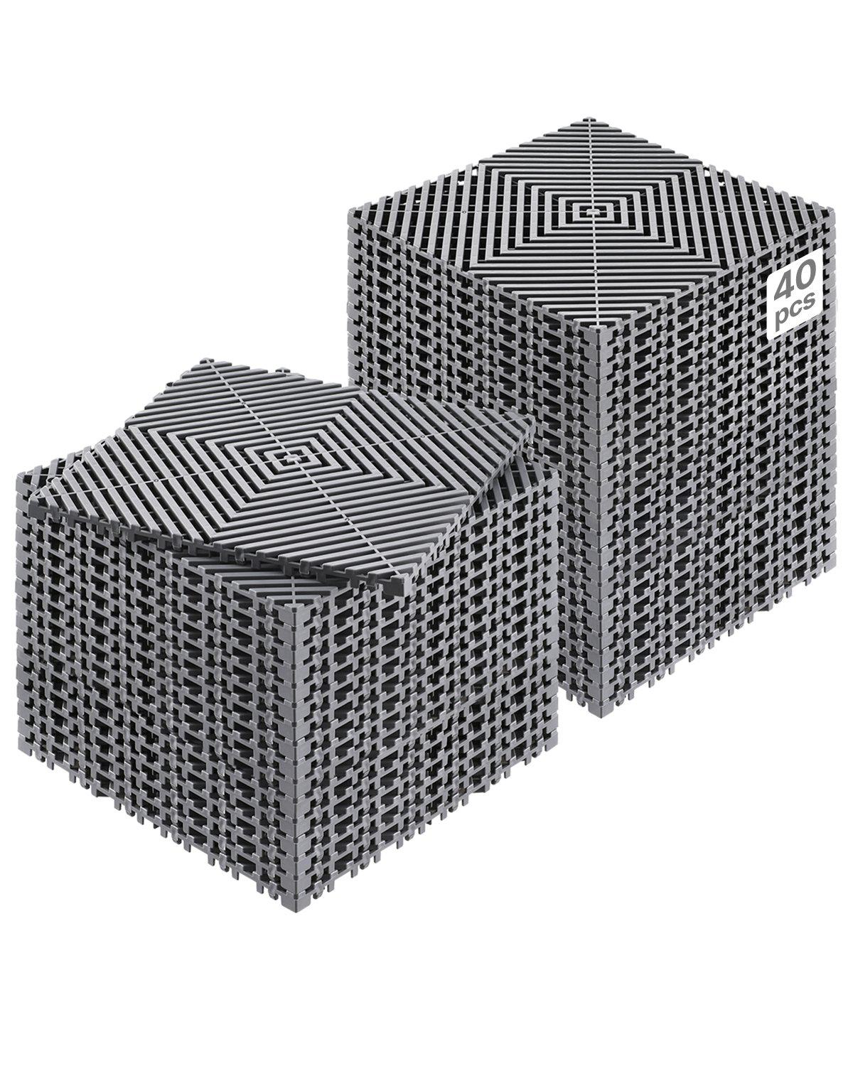 Interlocking Drainage Mat, 12” x 12” Modular Interlocking Cushion, 40 Pcs Splicing Drainage Mats, Non-Slip Gray PP Drainage Floor Tile and Shower Mat, for Garage, Garden, Kitchen & Outdoor
