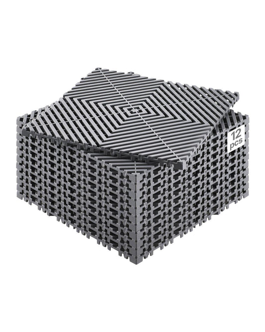 Interlocking Drainage Mat, 12” x 12” Modular Interlocking Cushion, 12 Pcs Splicing Drainage Mats, Non-Slip Gray PP Drainage Floor Tile and Shower Mat, for Garage, Garden, Kitchen & Outdoor