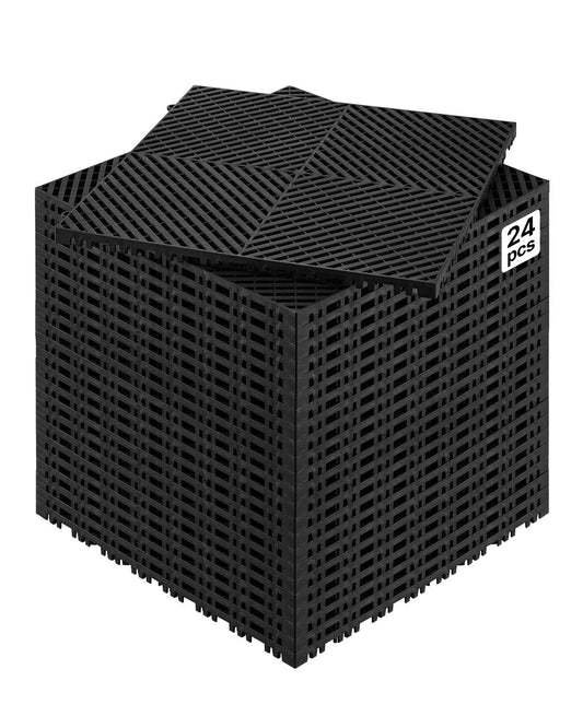 Interlocking Drainage Mat, 15.7” x 15.7” Modular Interlocking Cushion, 24 Pcs Splicing Drainage Mats, Non-Slip Black PP Drainage Floor Tile and Shower Mat, for Garage, Garden, Kitchen & Outdoor
