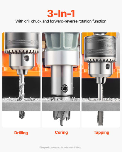 Magnetic Drill, 1450W Motor 1.6 in Boring Diameter, 2810 lbf Portable Electric Mag Drill Press, with 2 Coring Bits, Variable Speed, Drilling Machine for Metal Surface, Home Improvement Industry