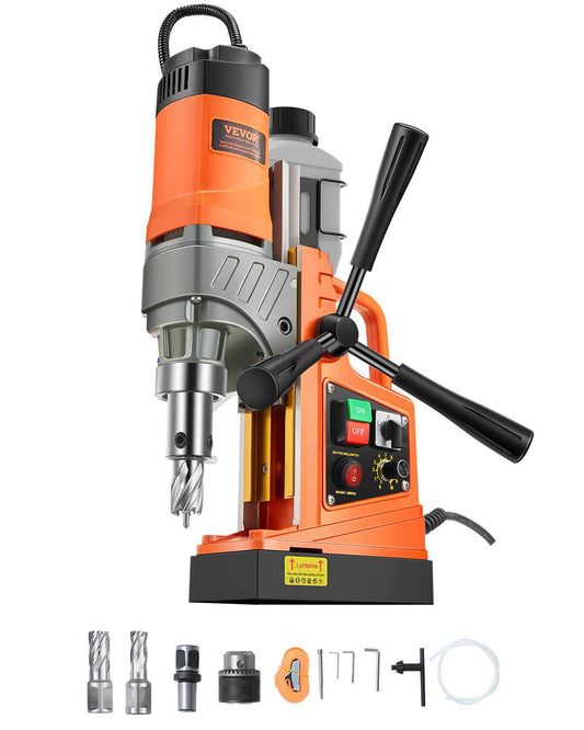 Magnetic Drill, 1450W Motor 1.6 in Boring Diameter, 2810 lbf Portable Electric Mag Drill Press, with 2 Coring Bits, Variable Speed, Drilling Machine for Metal Surface, Home Improvement Industry