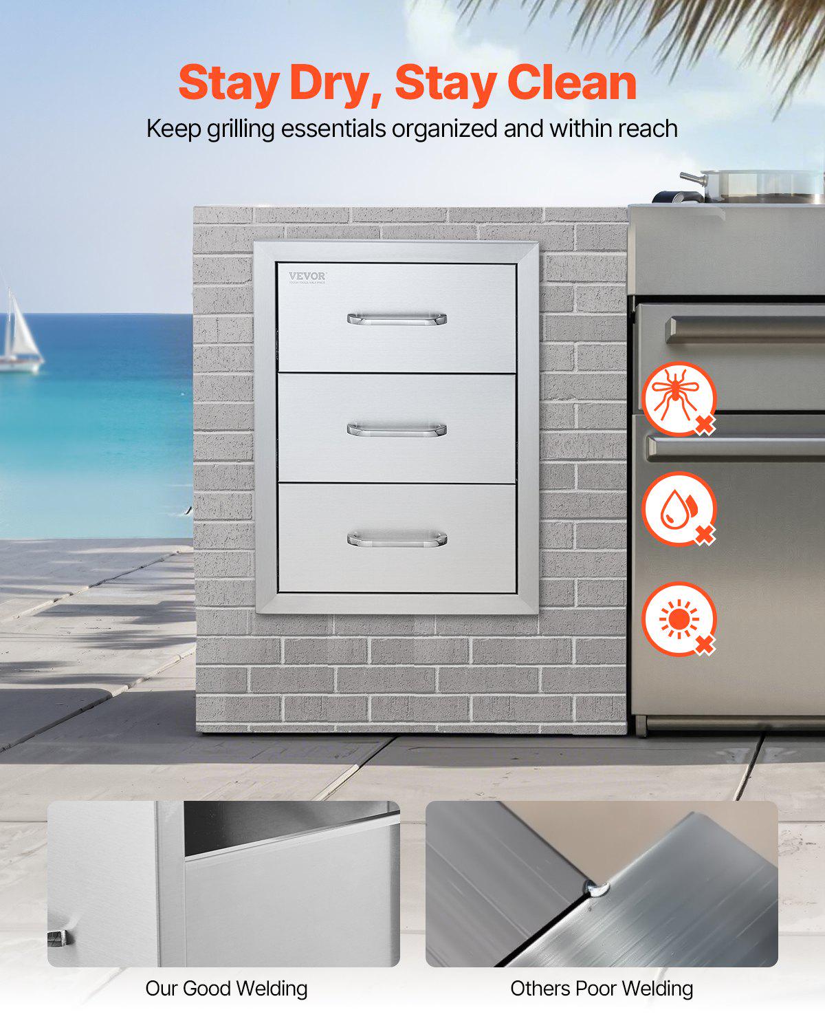 Outdoor Kitchen Drawers 16" W x 21.5" H x 18" D, Flush Mount Triple Access BBQ Drawers with Stainless Steel Handle, BBQ Island Drawers for Outdoor Kitchens or BBQ Island Patio Grill Station