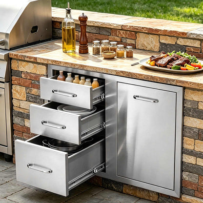 Outdoor Kitchen Door Drawer Combo 29.5" W x 22.6" H x 21.7''D, Access Door/Triple Drawers with Propane Drawer and Adjustable Garbage Ring, Perfect for BBQ Island Patio Grill Station