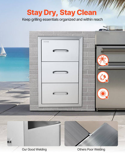 Outdoor Kitchen Drawers 16" W x 28.5" H x 20.5" D, Flush Mount Triple Access BBQ Drawers Stainless Steel with Handle, BBQ Island Drawers for Outdoor Kitchens or Patio Grill Station