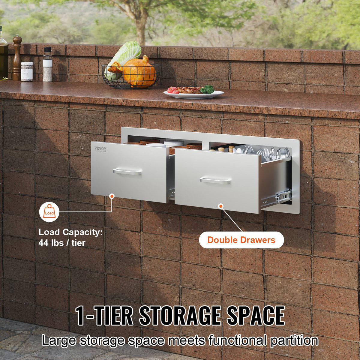 Outdoor Kitchen Drawers 30" W x 10" H x 20" D, Horizontal Double BBQ Access Drawers Stainless Steel with Handle, BBQ Island Drawers for Outdoor Kitchens or Patio Grill Station