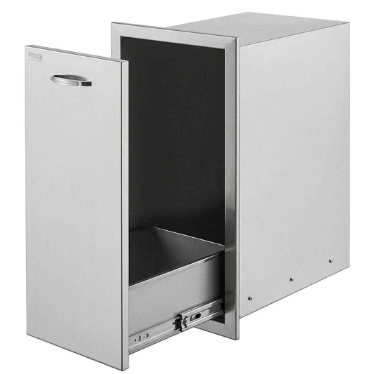 Pull Out Trash Drawer 13.6Wx26Hx19.3D Inch Lower Sliding Rails Stainless Steel Roll Out Trash Bin Pull Out Tray Outdoor Kitchen Trash Drawer with Handle for BBQ Island Grill Station No Trash Can