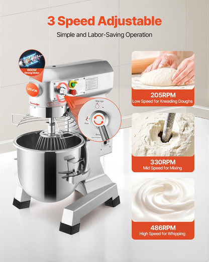 Commercial Food Mixer 15Qt 600W 3 Speeds Adjustable 110/178/390 RPM Heavy Duty 110V with Stainless Steel Bowl Dough Hooks Whisk Beater Premium for Schools Bakeries Restaurants Pizzerias
