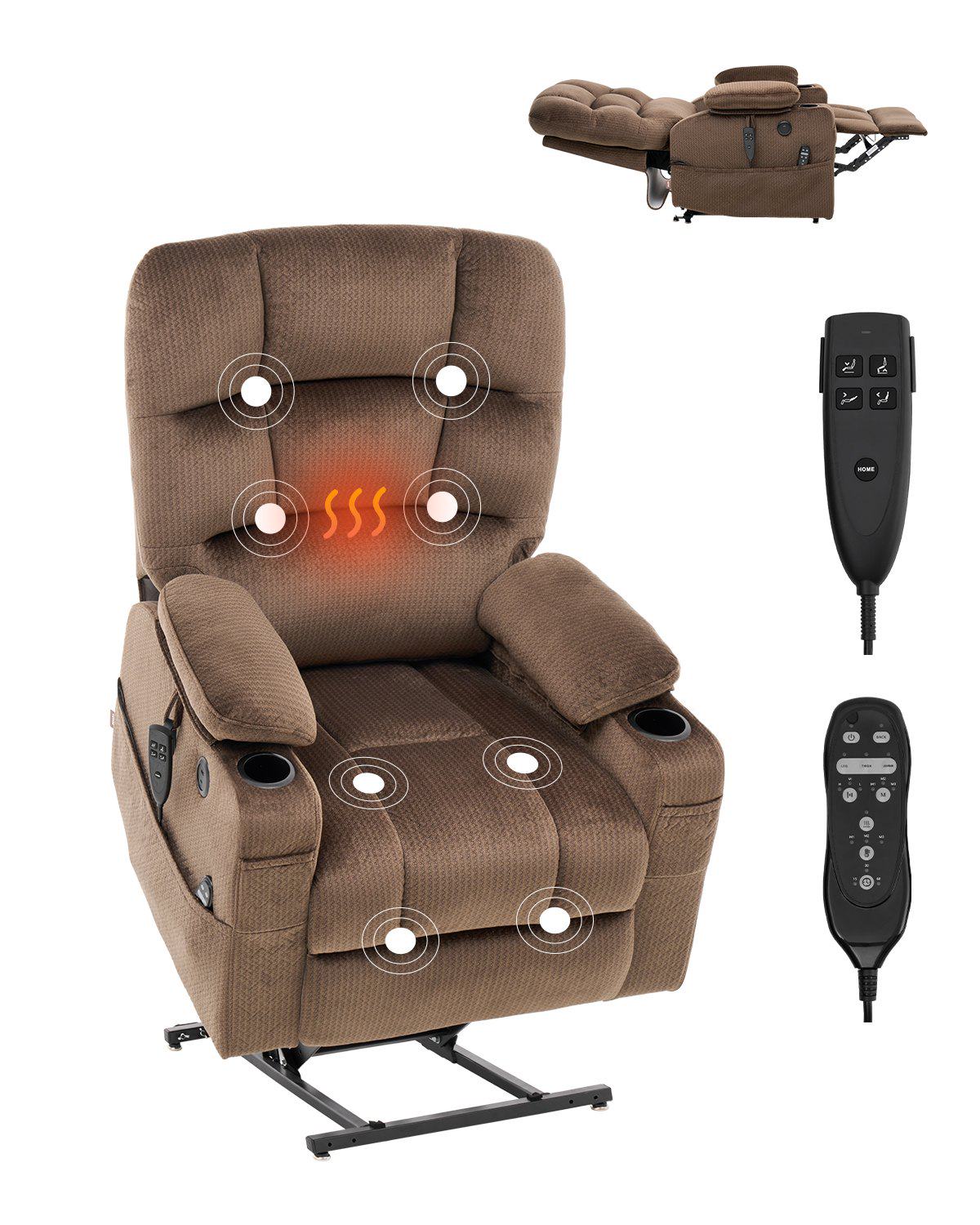 Power Lift Recliner Chair, Lift Chair with Heat and Massage, Dual Motor Recliner Chair with 2 Cup holders and USB Port, Infinite Position Adjustment Electric Recliner (Large, Brown)