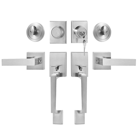 Double Door Handle Set, Double Door Lock Set with Reversible Handle Lever, Satin Nickel Square Door Lever, Heavy Duty Double Front Door Handle Set with Dummy, for Front Door or Office Door