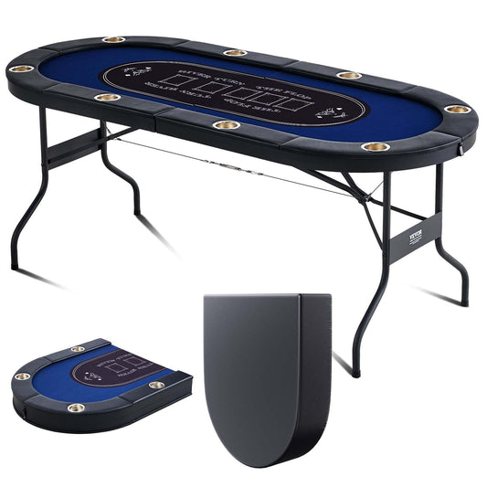 8 Player Foldable Poker Table, Blackjack Texas Holdem Poker Table with Padded Rails and Stainless Steel Cup Holders, Portable Folding Card Board Game Table, 72" Oval  Leisure Table, Blue