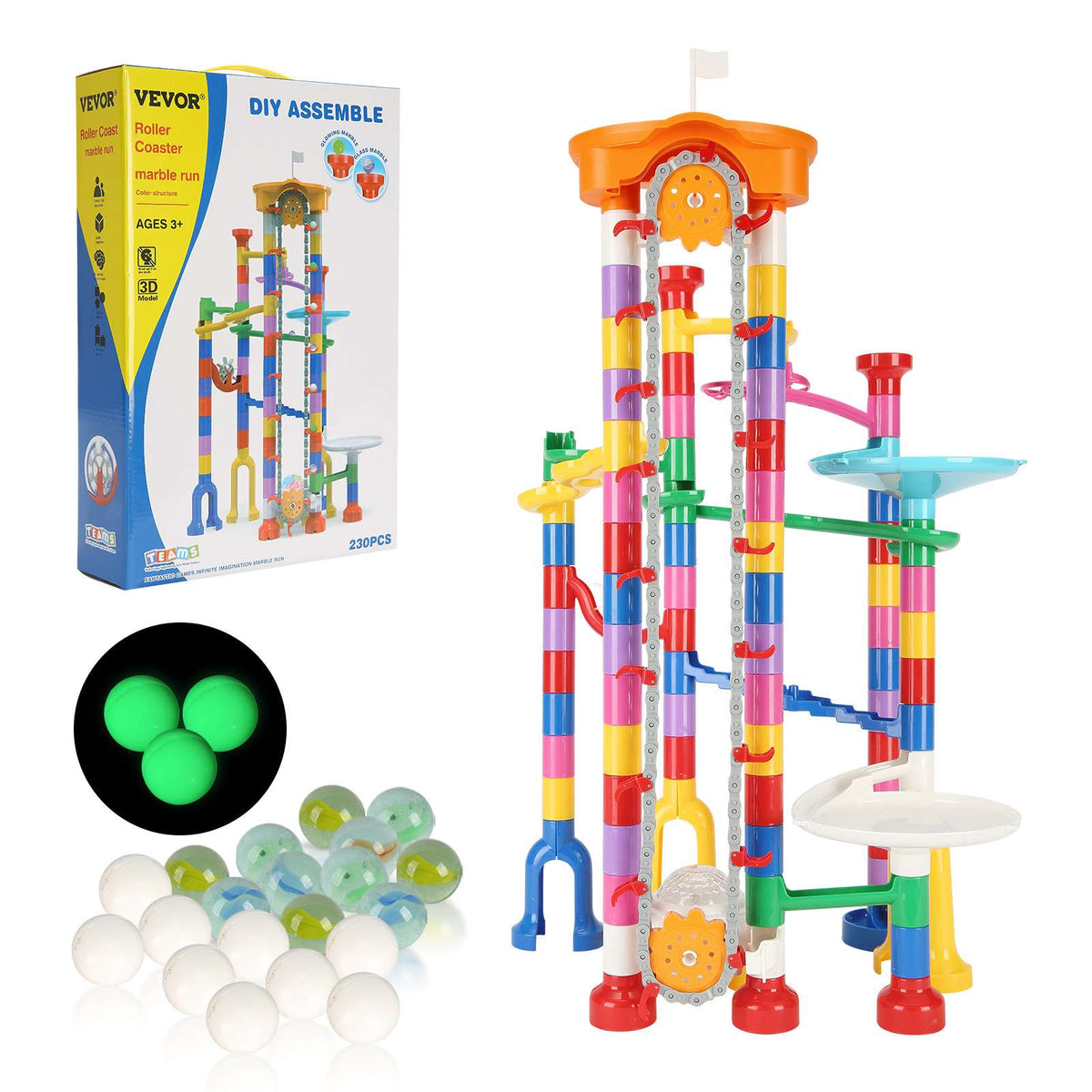 Marble Run Set, 230 PCS with Motorized Elevator, with 15 Plastic Marbles, Marble Maze Building Block Brain Game, Educational Learning Race Track STEM Toys, for Kids, Boys, Girls Ages 3 + Years