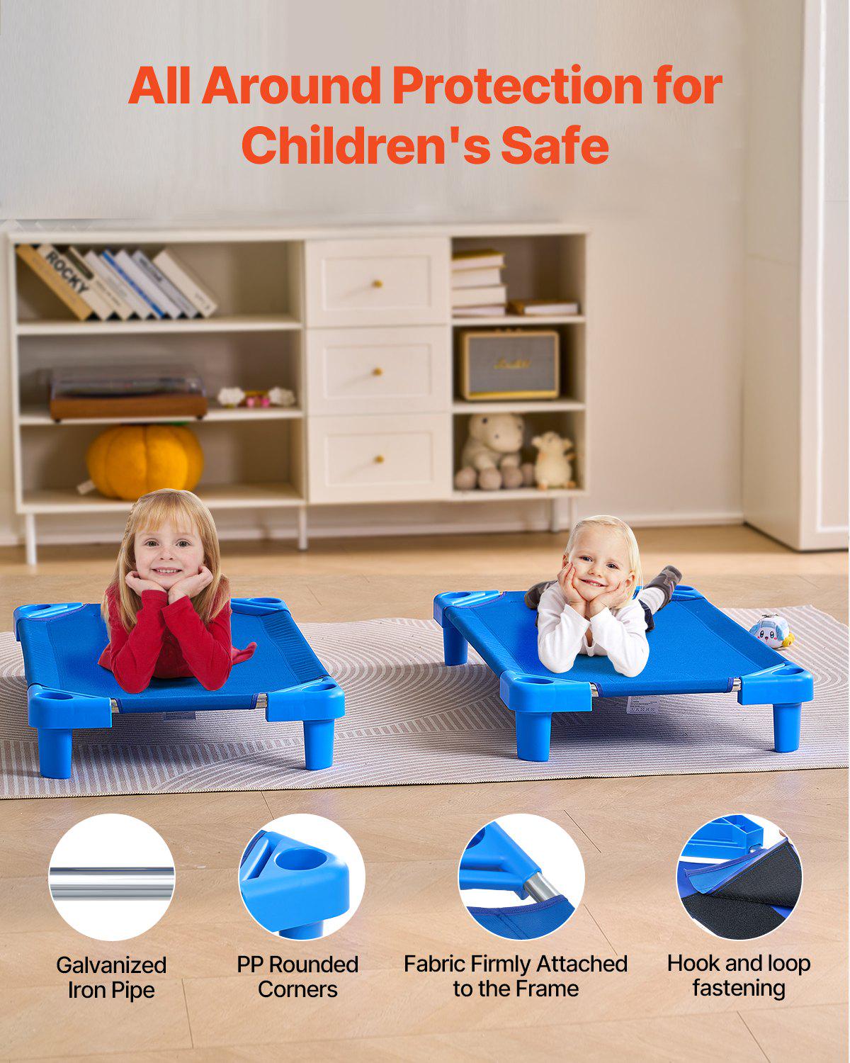 Stackable Kiddie Cot, Pack of 6,  Portable Toddler Nap Cots, Standard Size 40" L x 23" W Daycare Cots for Kids, Preschool Classroom Daycare Beds for Sleeping, Resting, Naptime, Blue