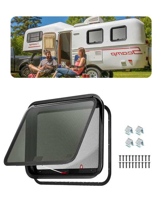 RV Exit Window, 30" W x 22" H Tinted RV Window with Net Screen and Trim Ring, Fit for 1 1/4" - 1 13/16" Thickness Wall, RV Window Replacement for Teardrop Cargo Trailer Camper, DOT Approved