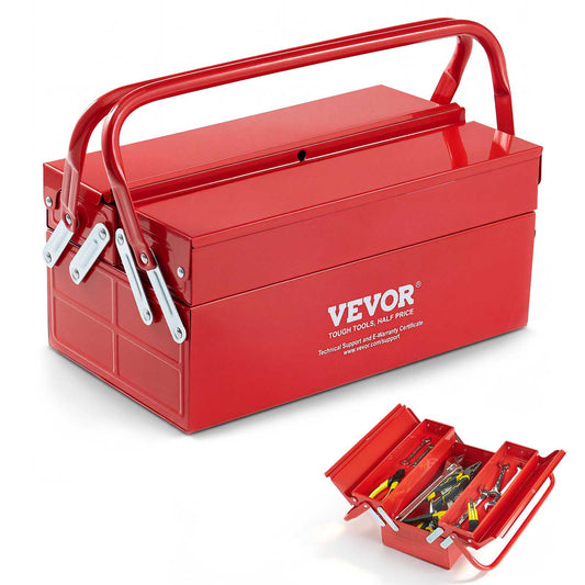 Metal Tool Box, 14-inch, 2-Tier 3-Tray Portable Folding Tool Chest Organizer with Handle & Lock Hole, Powder Coated Steel, Cantilever Toolbox for Household Factory Warehouse Repair Shop, Red