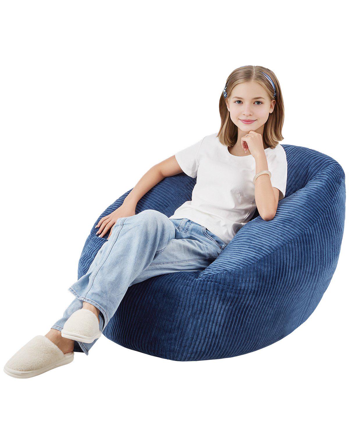Bean Bag Chair, 3 feet Bean Bag Chair with Soft Armrests and Storage Pocket, 25D Memory Foam Filled with Soft Teddy Velvet Cover, Bean Bag for Bedroom or Playroom, Blue