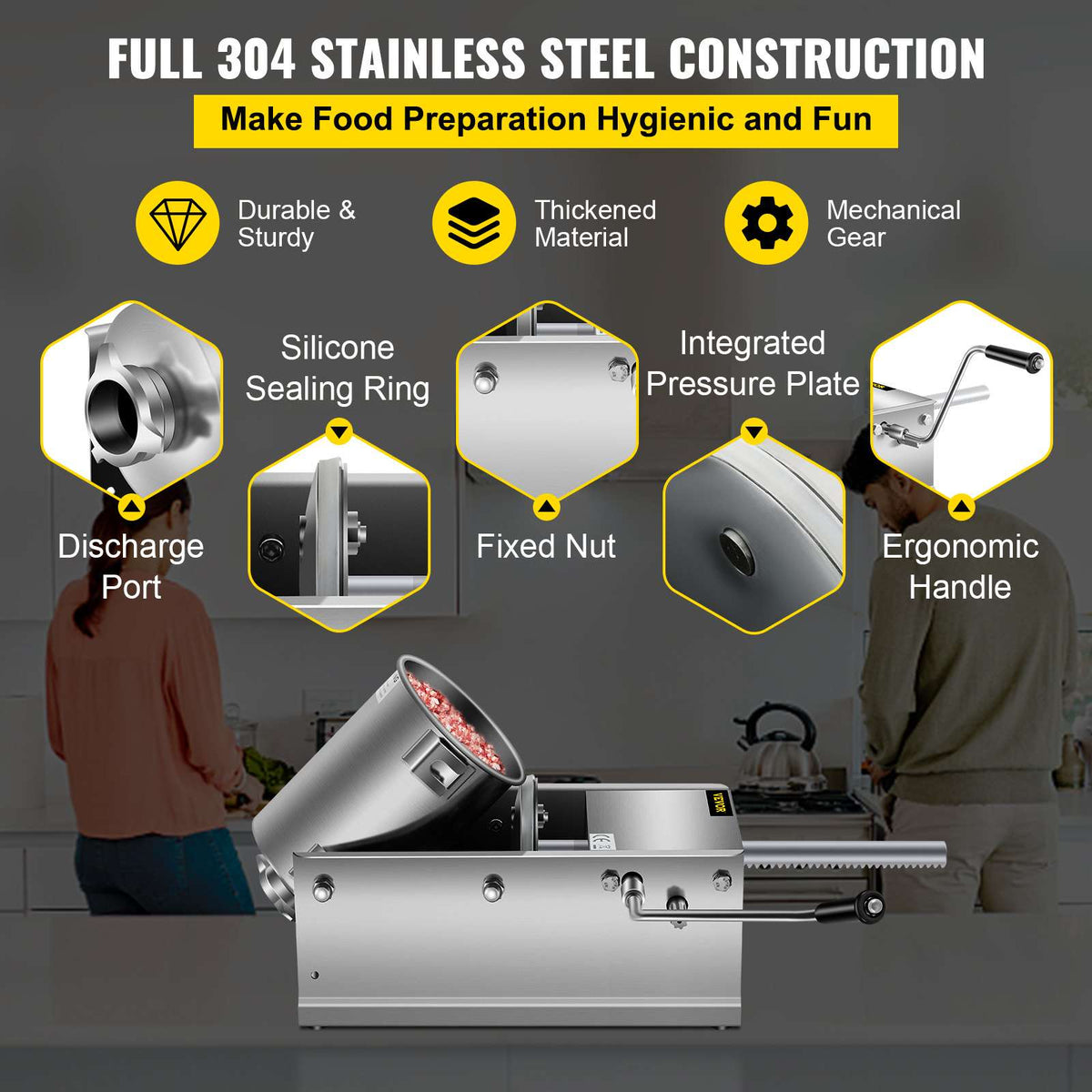 Manual Sausage Stuffer, 3 L / 7 LBS Horizontal Sausage Machine, Dual-Speed Meat Stuffer, Made of Food-Grade 304 Stainless Steel, Includes 5 Stuffing Tubes, for Home Kitchen Restaurant Commercial