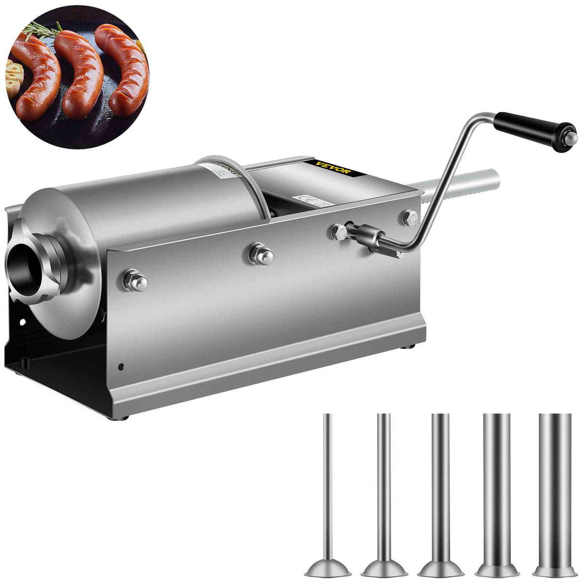 Manual Sausage Stuffer, 3 L / 7 LBS Horizontal Sausage Machine, Dual-Speed Meat Stuffer, Made of Food-Grade 304 Stainless Steel, Includes 5 Stuffing Tubes, for Home Kitchen Restaurant Commercial