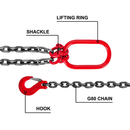 Chain Sling, 3/8 inch x 5 ft Lifting Chains with Hooks, G80 Engine Chain Hoist Lifts, 11000 lbs/5 Ton Capacity Lifting Sling Chains for Engine Hoist, Engine Lift Chain with 2 Leg Grab Hooks