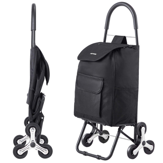 Stair Climber Trolley Dolly, 36L Folding Shopping Cart, Grocery Cart Trolley Laundry Stair Climbing Handcart with 6 Wheels & Oxford Cloth Bag, Foldable Cart for Shopping Grocery Laundry, Black