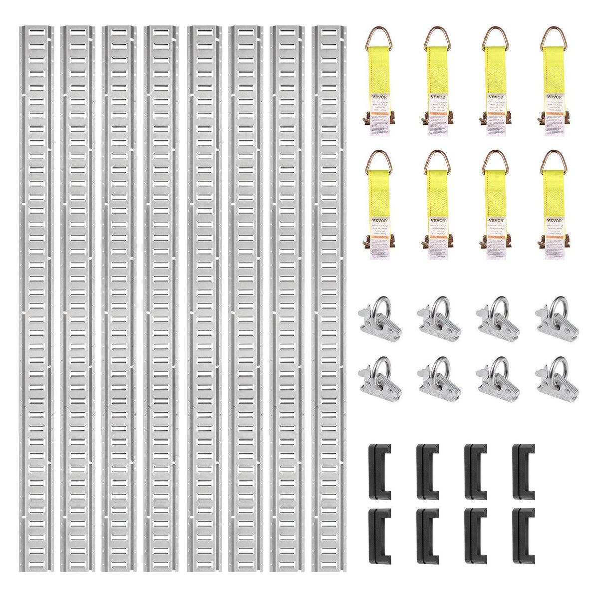 E Track Tie-Down Rail Kit, 24PCS 5' E-Tracks Set Includes 8 Steel Rails & 8 O-Ring Anchors & 8 Tie-Offs with D-Ring, Versatile Securing Accessories for Cargo Motorcycles Bikes, 2000 lbs Load