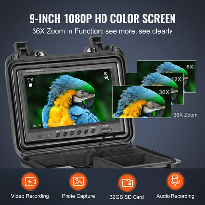 Sewer Camera, 165 ft/50m, Self-Leveling Pipeline Inspection Camera with 9" 1080P HD Screen, 36X Zoom, IP68 Waterproof Plumbing Camera with Lights-12 LED, 32GB Card Snake Camera for Duct Pipe