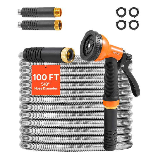 Metal Garden Hose 100 ft, Rust Proof Stainless Steel Water Hose, Heavy Duty Backyard Hose with 10 Function Nozzle, No-Kink & Flexible Water Pipe, Lightweight Metal Hose for Yard, Outdoor