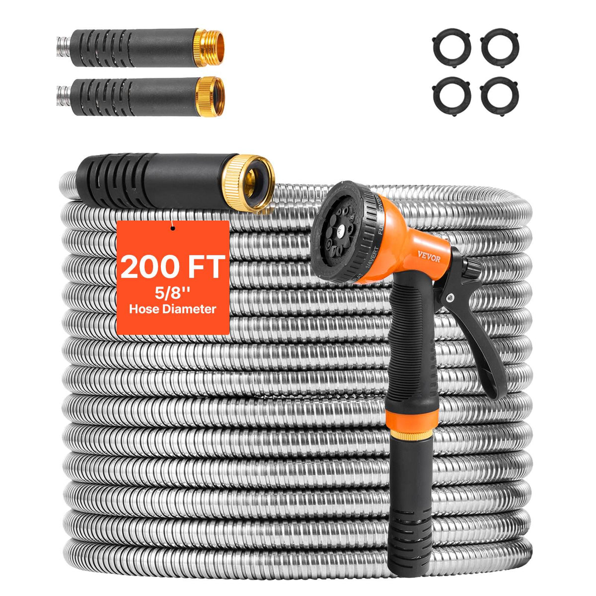 Metal Garden Hose 200 ft, Rust Proof Stainless Steel Water Hose, Heavy Duty Backyard Hose with 10 Function Nozzle, No-Kink & Flexible Water Pipe, Lightweight Metal Hose for Yard, Outdoor
