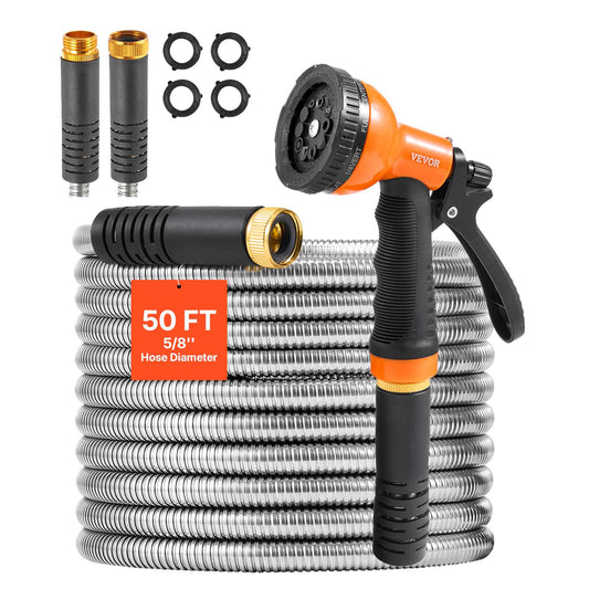 Metal Garden Hose 50 ft, Rust Proof Stainless Steel Water Hose, Heavy Duty Backyard Hose with 10 Function Nozzle, No-Kink & Flexible Water Pipe, Lightweight Metal Hose for Yard, Outdoor