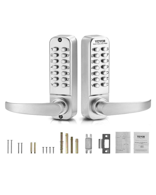 Mechanical Keyless Entry Door Lock, 14 Key Mechanical Door Lock, Mechanical Keypad Door Lock with Handle, Double-Sided Stainless Steel Waterproof Keyless Gate Lock, for Home Office Yard, Sliver