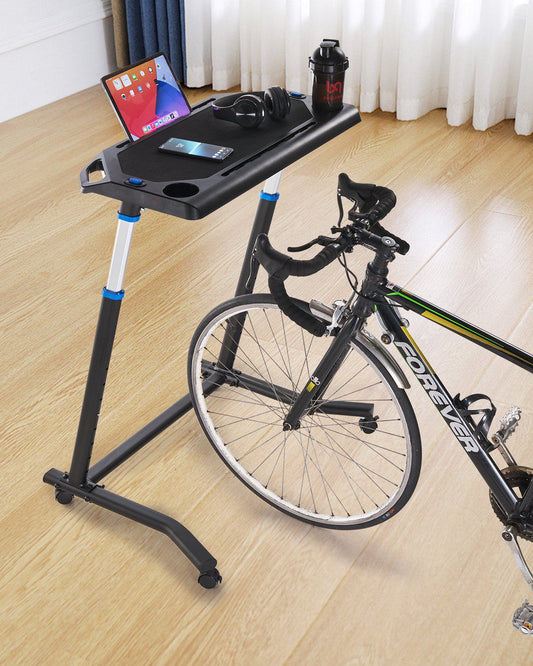 Cycling Desk, Mobile Foldable Multi-Functional Bike Trainer & Treadmill Desk with Lockable Wheels, Non-Slip Multi-Slot Bike Trainer Fitness Desk with Handle Bar, Fit for Home Office Exercise
