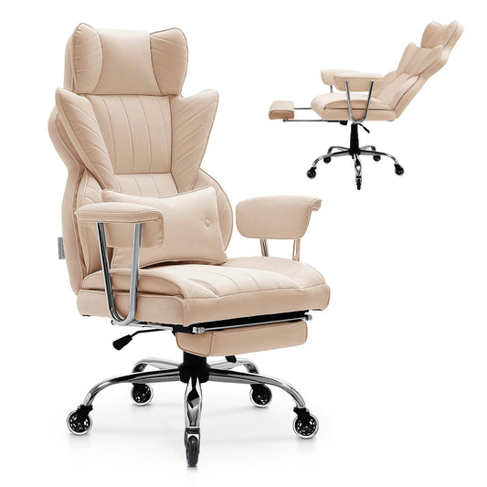 Executive Office Chair with Footrest, 400lb Capacity Office Chair with Lumbar Pillow & Removable Armrests, Heavy Duty Ergonomic Chair, PU Leather Reclining Home Office Desk Chairs, Brown