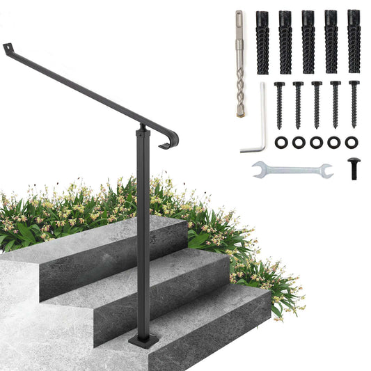 Handrails for Outdoor Steps 1-2 Step Railings Wrought Iron Handrail Stair Railings for Steps Black Iron Railings for Steps Wall and Floor Mounted with Installation Kit