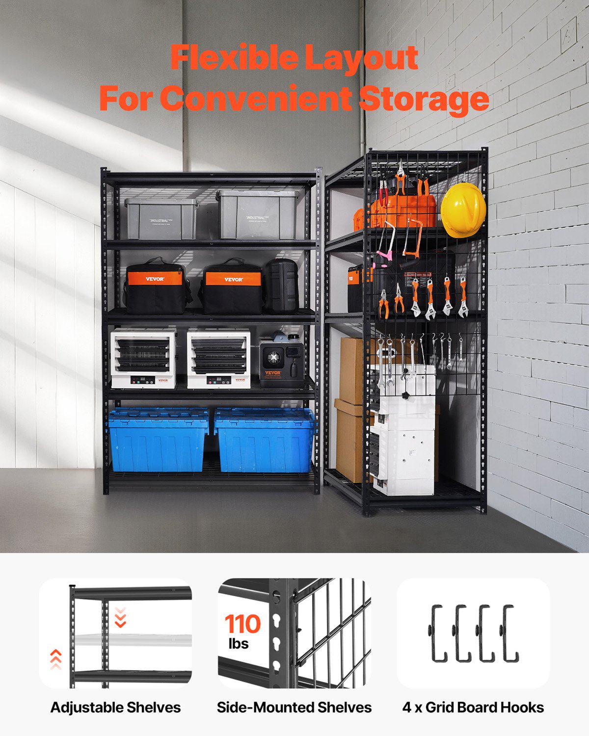 Storage Shelves, 3000 lbs, 5 Tier Heavy Duty Garage Shelving, 24" D x 48" W x 72" H Adjustable Metal Shelves for Industrial Shelving Unit Utility Shelf, for Kitchen, Warehouse, Basement, Black