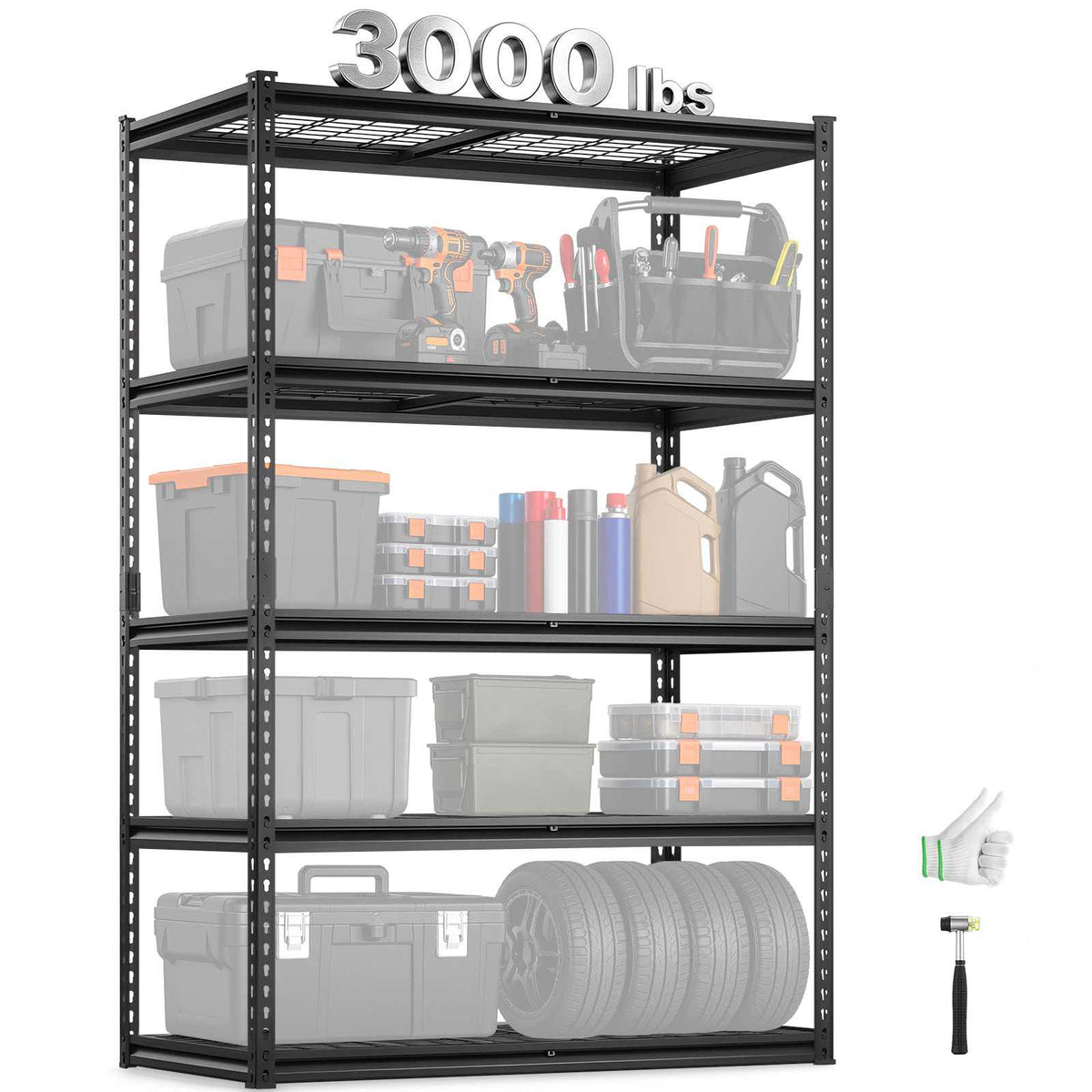 Storage Shelves, 3000 lbs, 5 Tier Heavy Duty Garage Shelving, 24" D x 48" W x 72" H Adjustable Metal Shelves for Industrial Shelving Unit Utility Shelf, for Kitchen, Warehouse, Basement, Black