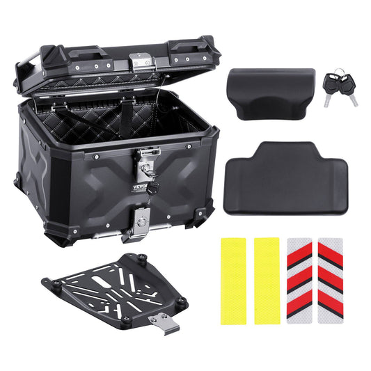 Motorcycle Top Case, Universal Aluminum Alloy Motorbike Tail Box with Leather Lining, 45L Waterproof Detachable Motorcycle Top Box with Lock & Back Cushion, Fit for 99% of Motorcycle Frames