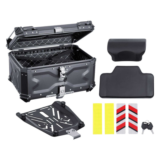 Motorcycle Top Case, Universal Aluminum Alloy Motorbike Tail Box with Leather Lining, 65L Waterproof Detachable Motorcycle Top Box with Lock & Back Cushion, Fit for 99% of Motorcycle Frames