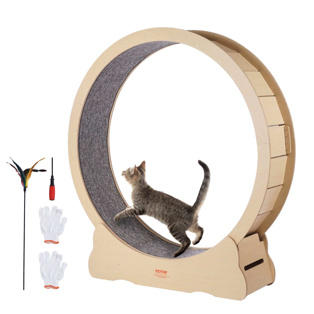 Wooden Cat Exercise Wheel, 52" Large Cat Treadmill Wheel for Indoor Cats, Cat Running Wheel with Detachable Carpet & Cat Teaser for Running/Walking/Training, Suitable for Most Cats
