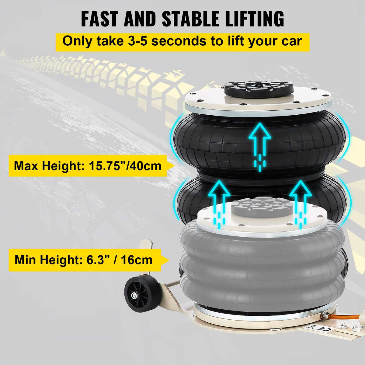Pneumatic Jack, 5 Ton/11023 lbs Triple Bag Air Jack, Lifting Height 6.3-15.75 Inch, Inflatable Car Jack with Long Handle, Lifter Pneumatic Air Jack for Garage Car Lifting Repair