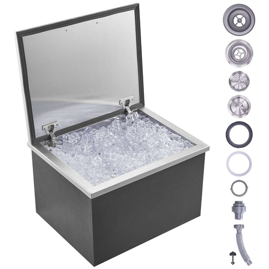 Drop in Ice Chest, 20"L x 16"W x 13"H Stainless Steel Ice Cooler, Commercial Ice Bin with Hinged Cover, 40 qt Outdoor Kitchen Ice Bar, Drain-pipe and Drain Plug Included, for Cold