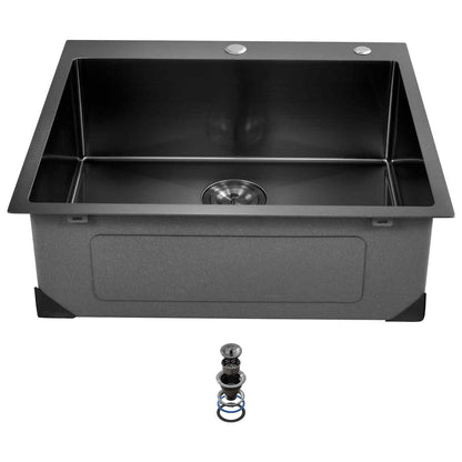 25 inch Kitchen Sink Workstation, 304 Stainless Steel Top Mount Sinks, Drop-In Single Bowl Farmhouse Basin with Accessories, Household Dishwasher Sinks for RV, Prep Kitchen, and Bar (Black)