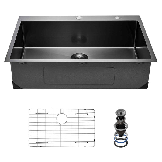 33 inch Kitchen Sink Workstation, 304 Stainless Steel Top Mount Sinks, Drop-In Single Bowl Farmhouse Basin with Accessories, Household Dishwasher Sinks for RV, Prep Kitchen, and Bar (Black)