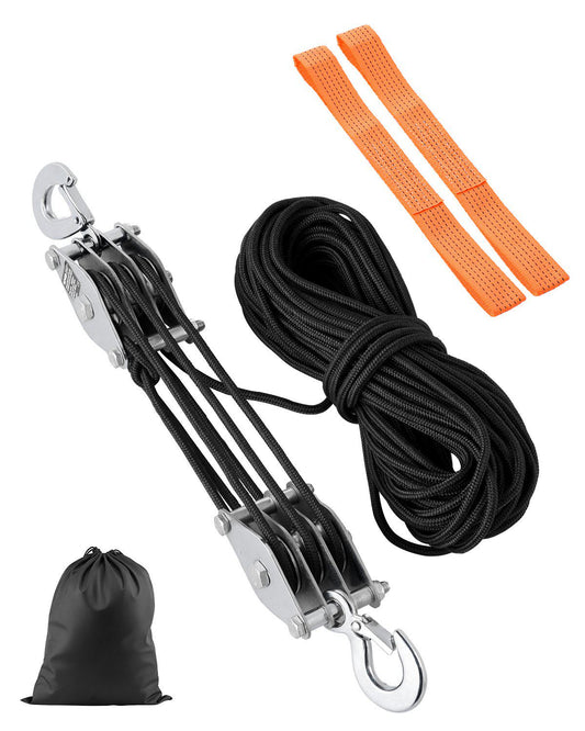 4400 lbs Breaking Strength 100 FT Rope Pulley Hoist, 5:1 Lifting Power Heavy Duty Pulley System with 2pcs Soft Loops, Metal Wheels Bearing Structure, Block and Tackle for Lifting Heavy Objects