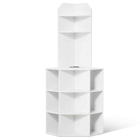 64" Tall Corner Storage Cabinet, 6 Tiers Wooden Storage Cabinet with USB Ports and Outlets & Adjustable Shelves, Freestanding Corner Cabinet for Living Room, Kitchen, Laundry Room, White
