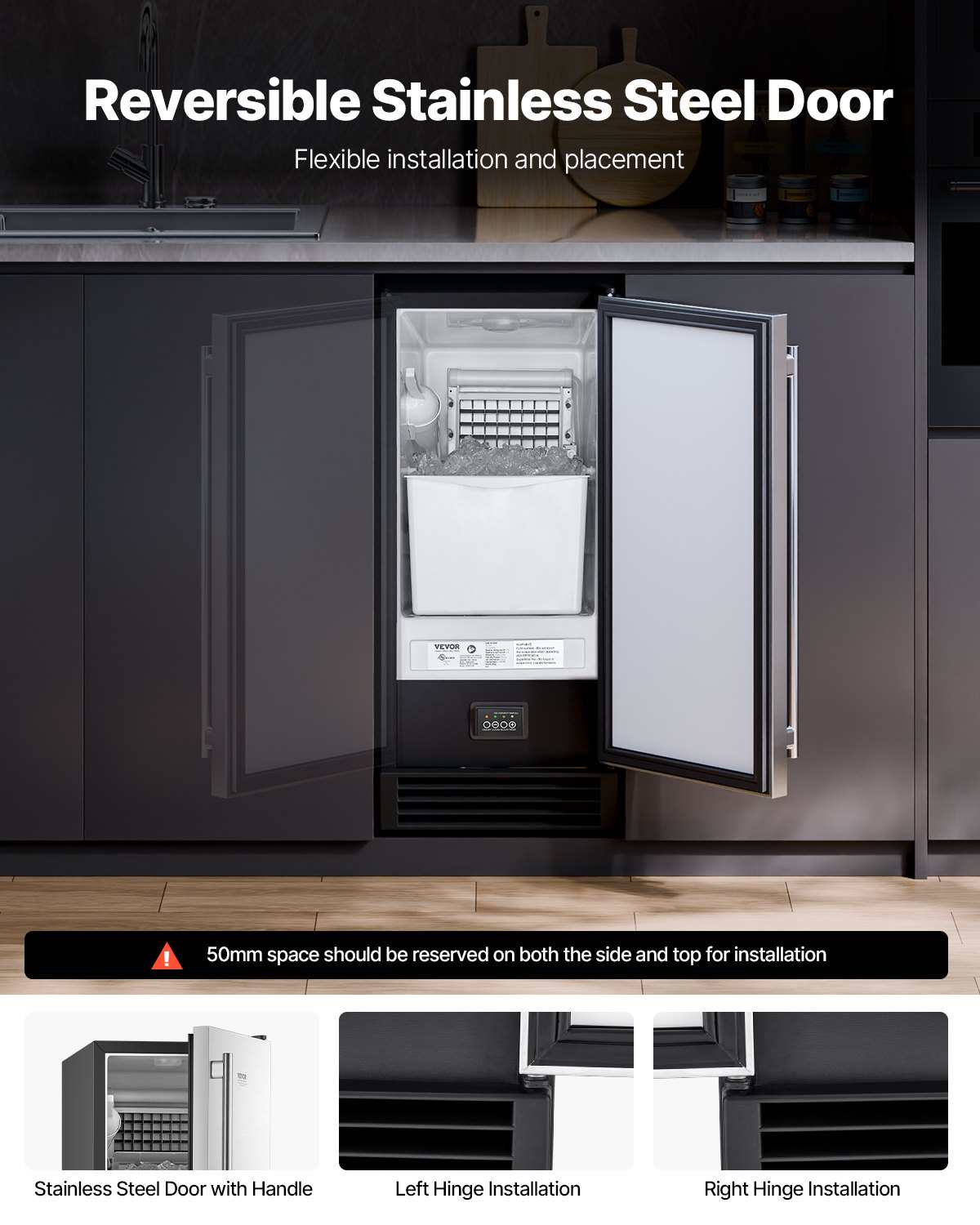 Undercounter Built-in Ice Maker, 50 Lbs/Day Under Counter Ice Maker Machine with Drain Pump Reversible Door Stainless Steel, Freestanding Ice Maker for Commercial Home Kitchen